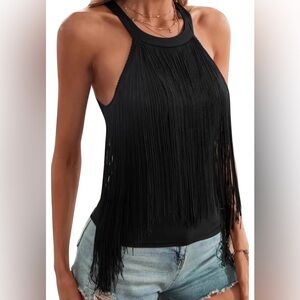 Women’s Fringe Tank Top, Black Sleeveless Top